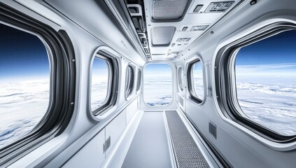 Interior view of a white aircraft corridor with large windows, showing a vast expanse of clouds