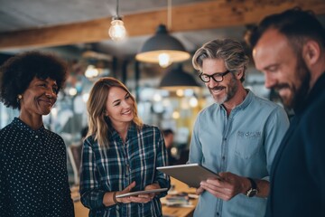 Diverse group of professionals collaborating over digital devices in a modern workspace, fostering creativity and teamwork.