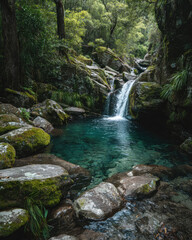 Naklejka premium Waterfall cascading into a crystal-clear blue pool surrounded by rocks perfect for nature escapes and tropical visuals