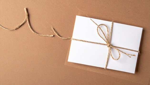 A brown cardboard box, a wrapped gift with ribbon, and a blank card tag tied with string suggest a holiday present package