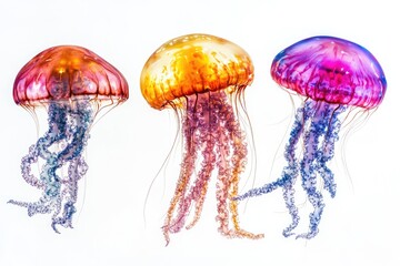 Vibrant jellyfish against white backdrop.  Three colorful jellyfish in various shades of pink, orange, and purple.  Each jellyfish has a distinct color pattern and tentacles