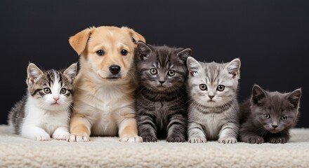 Puppy and Kittens Posing Together on Soft Blanket Against Dark Background