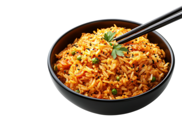 Spicy cooked kimchi fried rice topped with scallions and sesame seeds in black bowl with chopstick, isolated on white transparent background, concept of Asian cuisine
