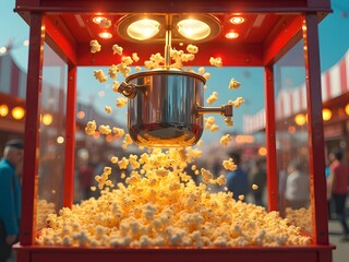 Popcorn Machine in Action at Carnival Booth: A popcorn machine mid-operation at a vibrant carnival booth, showing freshly popped corn overflowing and the machine glowing with red and yellow lights.