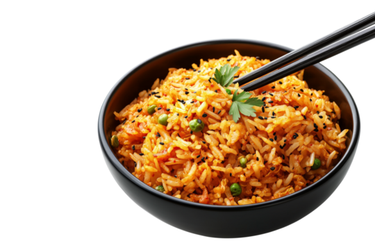 Spicy cooked kimchi fried rice topped with scallions and sesame seeds in black bowl with chopstick, isolated on white transparent background, concept of Asian cuisine - Powered by Adobe