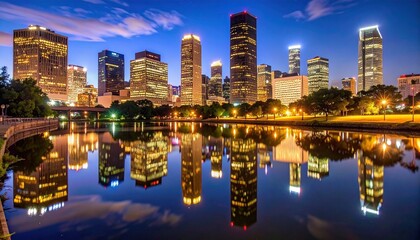 Naklejka premium city skyline at night and reflection in river