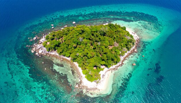 Tropical island aerial view with clear blue ocean and sandy beaches in a summer vacation setting