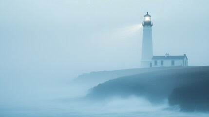 Dreamy Lighthouse Shining Over Foggy Coastal Cliffs at Dawn