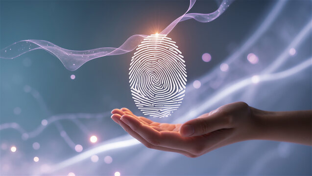 Innovative fingerprint scanning technology visualized with a glowing fingerprint graphic above a hand, representing security, identification, and modern digital solutions