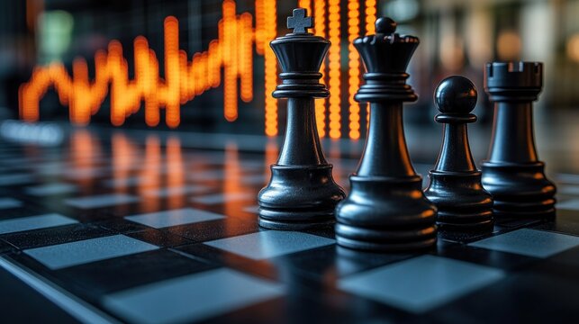 Chess pieces on a board, financial market background