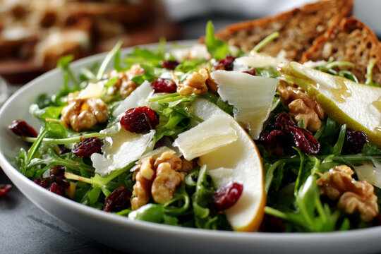 A fresh and vibrant arugula and greens salad with caramelized walnuts and pear slices served with crisp whole grain toast.