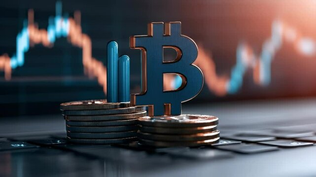 Cryptocurrency coin and digital currency with stacked coins and financial chart showing market trends and investment growth