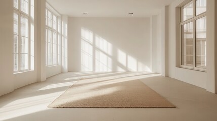 Obraz premium Minimalist sunlit room with large windows and neutral carpet