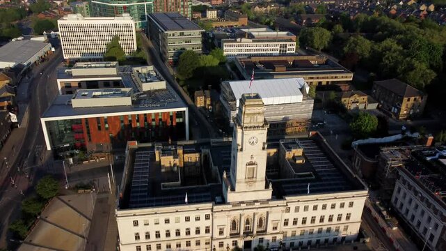 Close Aerial Pass Over Clock Tower of Barnsley Town Hall