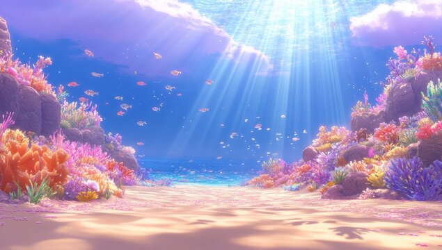 Underwater coral reef scene, vibrant colors, sunbeams, fish