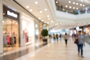 Busy shopping mall with blurred shoppers and storefronts