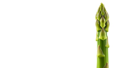 A single, vibrant green asparagus spear is presented in a minimalist composition, isolated against a pristine, pure white background. 