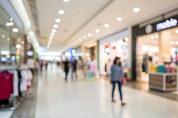 Blurry view of a bustling shopping mall interior