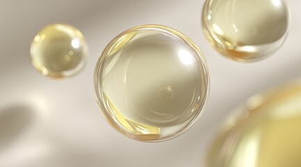 Golden spheres float in soft light