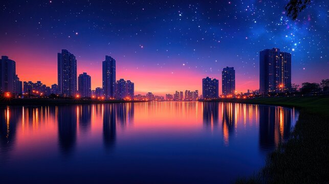 Cityscape at dusk, reflected on tranquil water, under a starry night sky - Powered by Adobe