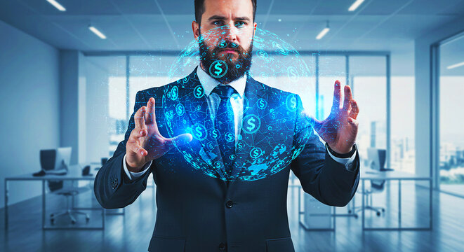 Man in suit manipulates holographic globe with dollar signs in modern office environment shown clearly