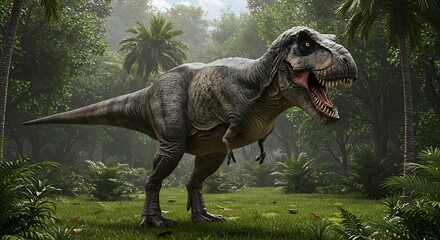 Standing Dinosaur Roaring in a Lush Green Prehistoric Forest