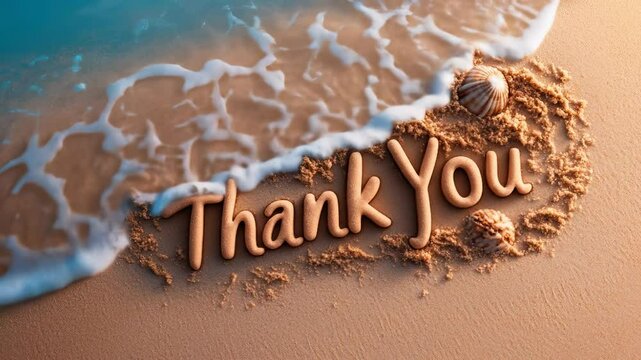 Thank you message written in sand on beach with seashells and ocean waves creating warm and peaceful feeling of gratitude by shore