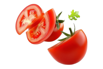 Freshly Sliced Red Tomato Halves with Green Leaves on a Transparent Background for Culinary Use