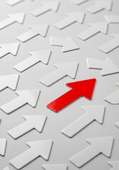 Business goal setting concept. Growth, rise, success, improvement, achievement. One bold straight arrow on colorful arrow background.