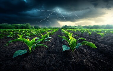 Stormy field of young plants