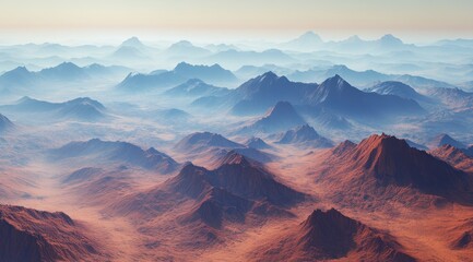 Naklejka premium Misty, reddish-brown mountains stretch into hazy distance