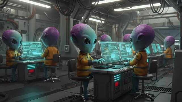 A futuristic workspace filled with aliens in orange uniforms, focused on computer screens, showcasing advanced technology in a sci-fi environment