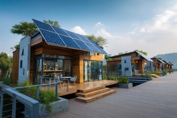 Eco-friendly tiny homes with solar panels on rooftops in a green landscape