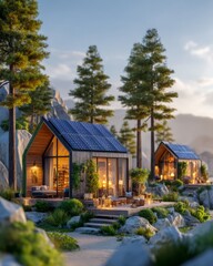 Eco-friendly tiny homes with solar panels on rooftops in a green landscape