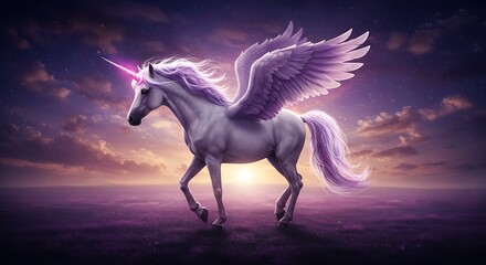 Naklejka premium Winged Horse Walking in a Dreamy Field with Fantasy Sky