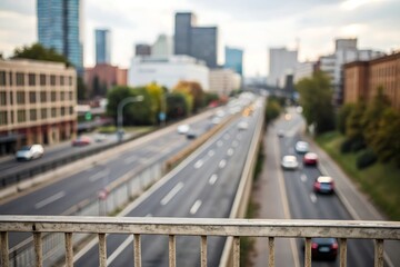 Urban highway view from a bridge with blurred cityscape