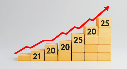 A red arrow trending up over wooden blocks with numbers representing growth and progress on gray background