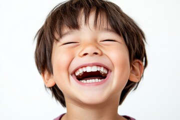 a professional portrait studio photo of a cute asian boy child model with perfect clean teeth laughing and smiling. isolated on white background. for ads and web design. Generative AI