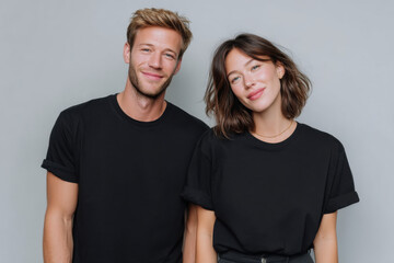 Fototapeta premium Smiling couple wearing black t shirts posing together on gray background