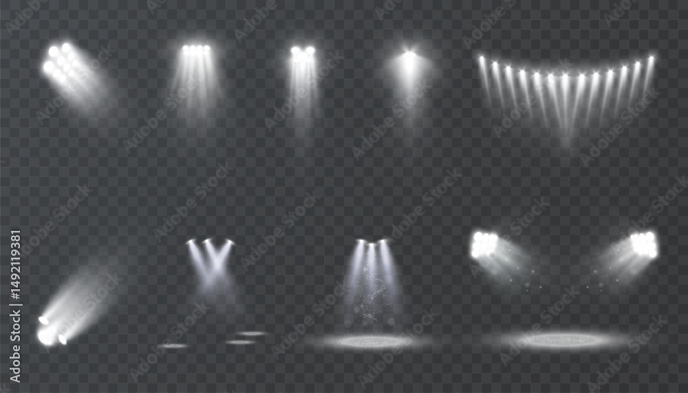 Aufkleber set of realistic spotlight beams with glowing white light on a transparent background. studio stage 