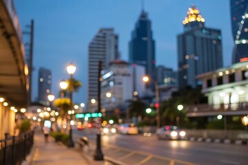 Obraz premium Blurry cityscape at dusk with illuminated buildings