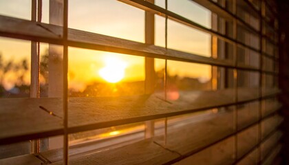 Sunset light through a glass window frames the city architecture at golden hour