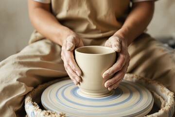 Person shaping a clay bowl with hands on a pottery wheel, realistic style, soft neutral background, concept of craftsmanship and creativity. Ai generative