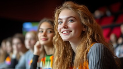 Happy young woman at event, smiling.