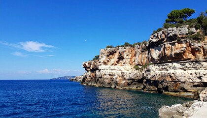Fototapeta premium The coast of Crete, Greece features a stunning Mediterranean landscape with a rocky coastline, cliffs, and blue sea under the summer sky
