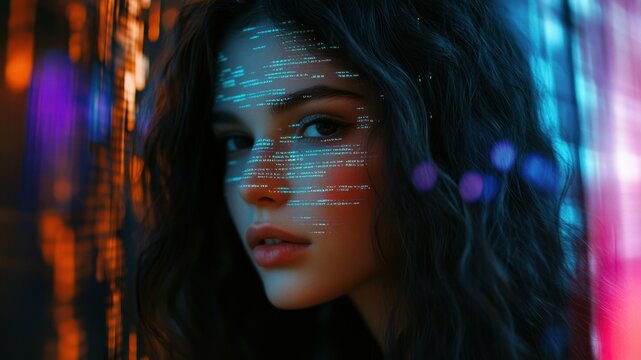 A woman's face with digital code overlayed. - Powered by Adobe