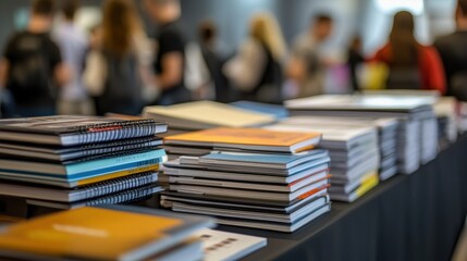 Stacks of colorful books on display at busy book fair event