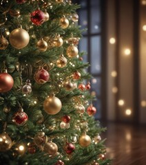 Fototapeta premium Ornate Christmas tree, shimmering baubles, bokeh lights, silver, merry christmas, christmas tree