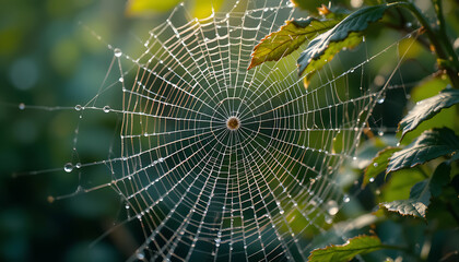 Obraz premium Dew-kissed spiderweb, intricate geometry against blurred foliage, golden light.