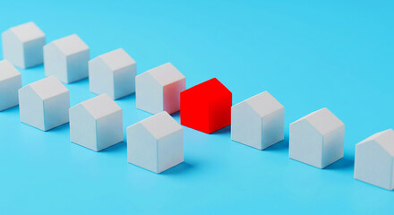 Obraz premium A row of white house models with one red house model on a blue background in a studio setting shot